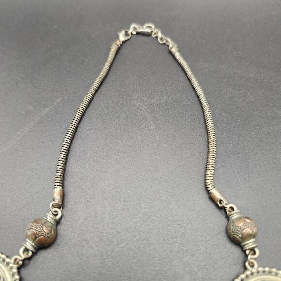 Statement Bib Necklace Antique Silver Tone Black Cream Floral Medallion Boho - Picture 8 of 8